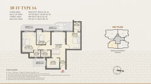 Floor plan: 3 BHK Type 1A