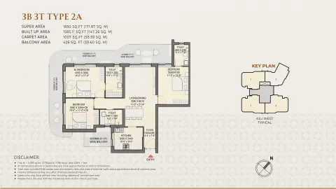 Floor plan: 3 BHK Type 2A