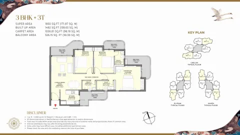 Floor plan: 3 BHK, 3 baths